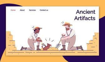 modelo de vetor de página de destino de artefatos antigos. ideia de interface de site de escavações arqueológicas com ilustrações planas. estudo do layout da página inicial de cerâmica antiga. banner da web, conceito de desenho animado de página da web