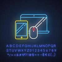 ícone de luz neon de eletrônicos e acessórios. smartphone e notebook. departamento de comércio eletrônico, categorias de compras online. sinal brilhante com alfabeto, números e símbolos. ilustração vetorial isolada vetor