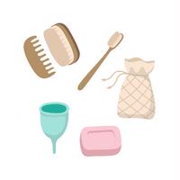 Conjunto de itens de higiene pessoal ecológica - escova de dentes de madeira, copo menstrual, sabão sólido, escovas, saco de algodão. vetor