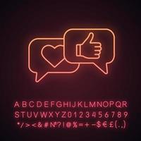 ícone de luz neon de feedback do cliente. curtidas e comentários nas redes sociais. críticas positivas. classificação, classificação. sinal brilhante com alfabeto, números e símbolos. ilustração vetorial isolada vetor