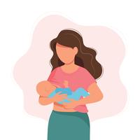 Ilustração de amamentação, mãe alimentando um bebê com o peito. Ilustração do conceito no estilo dos desenhos animados. vetor