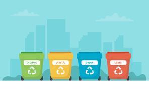 Ilustração de classificação Waste com os escaninhos de lixo coloridos diferentes, ilustração do conceito para reciclar, sustentabilidade. vetor
