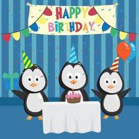 conjunto de pinguim fofo na festa de aniversário com bolo, presente e balão vetor