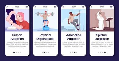 tipos de vício integrando o modelo de vetor de tela de aplicativo móvel. obsessão espiritual, física. passos do site passo a passo com caracteres planos. ux, ui, gui conceito de interface de desenho animado smartphone