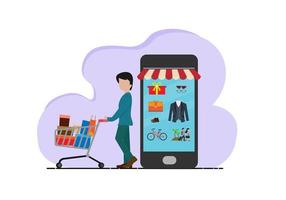 homem fazendo compras online via smartphone com preço com desconto vetor