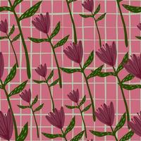 sem costura padrão aleatório com figuras de flores de tulipa. fundo rosa com cheque. impressão floral desenhada à mão estilizada. vetor