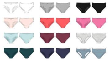 conjunto de esboço técnico de cuecas para meninas. cuecas femininas. branco, cinza, preto, azul, leite, rosa, vermelho, cores melange e tecido de listras. calcinha casual feminina isolada. vetor