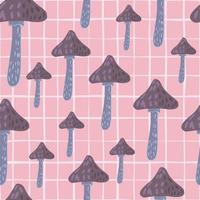 sem costura padrão aleatório com elementos de cogumelos coloridos roxos e azuis. fundo xadrez rosa. vetor