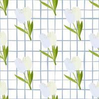 Primavera sem costura concurso padrão com tulipas. elementos simples de flores com hastes verdes sobre fundo branco quadriculado. vetor