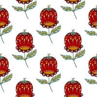 isolado sem costura padrão com silhuetas de botões de flores folclóricas doodle na cor vermelha brilhante. fundo branco. vetor