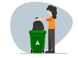 dona de casa carregando um saco de lixo plástico preto para jogá-lo no lixo para descarte de lixo vetor