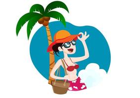 jovem relaxante de biquíni vermelho e chapéu de aba, caminhando na praia tomando banho de sol. férias de verão à beira-mar linda garota ficando com a pele bronzeada