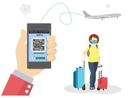 passaporte eletrônico de saúde no aplicativo na tela do celular tem um código qr, o direito de voar, vetor de ilustração de desenho animado estilo plano.
