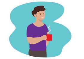 homem sorrindo e mão segurando o copo de café. homem relaxante com café quente. vetor de ilustração de desenhos animados de estilo simples