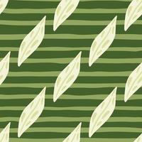 padrão sem emenda de ornamento de folha diagonal branca no estilo doodle. fundo listrado verde. formas botânicas. vetor
