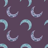 padrão sem costura infantil com ornamento de lua de tons de azul e roxo claro. fundo roxo escuro. vetor