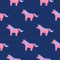 padrão sem emenda de unicórnio mágico colorido rosa e azul. cavalos-de-rosa brilhantes sobre fundo listrado azul marinho. vetor
