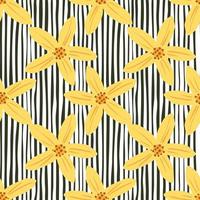 padrão sem emenda de flor de verão com impressão de formas de flores amarelas. fundo preto e branco listrado. vetor