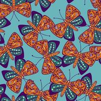 padrão sem emenda abstrato aleatório com ornamento de borboleta folclórica laranja desenhada de mão. fundo azul. vetor