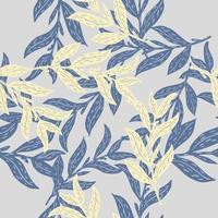 abstrato sem costura padrão com impressão aleatória de ramos de folhas azul marinho e amarelo claro. vetor