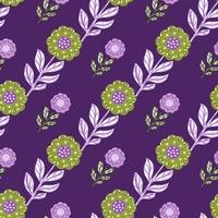 padrão sem emenda decorativo floral com ornamento de flores folclóricas verdes doodle. fundo roxo brilhante. vetor