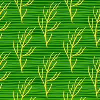 ramos amarelos formas ornamento sem costura doodle padrão. fundo listrado verde brilhante. design simples. vetor