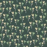 pequenos galhos aleatórios com padrão floral sem costura de corações. fundo verde. cenário de doodle simples. vetor
