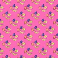 sem costura padrão de comida de verão com doodle bananas, peras, ameixas e maçãs. fundo rosa brilhante. vetor