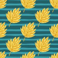 abstrato padrão botânico sem costura com silhuetas criativas de folha amarela. fundo listrado azul. vetor