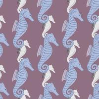 padrão sem emenda da fauna do oceano criativo com silhuetas de cavalos-marinhos azuis simples. fundo púrpura pálida. vetor