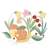 caracol de composição com cogumelo e flor em fundo branco. personagem de desenho animado no estilo doodle. vetor