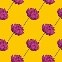 padrão sem emenda de natureza asiática com impressão de silhuetas de contornos rosa de lótus doodle. fundo amarelo. vetor