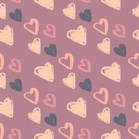 padrão de doodle sem costura romântico com ornamento de mão desenhada de coração. silhuetas de namorados tons de rosa suaves sobre fundo roxo claro. vetor