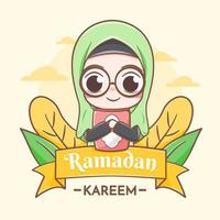 cartão de saudação ramadan kareem com ilustração de desenho animado linda garota vetor