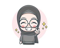 linda garota muçulmana vestindo suéter com ilustração de desenho animado de sinal de paz vetor