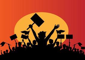 multidão de pessoas manifestantes. silhuetas de pessoas com banners e com as mãos levantadas. conceito de revolução e protesto político ou social. vetor de ilustração de desenhos animados de estilo simples