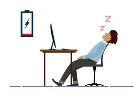 o empregado masculino exausto dorme na mesa do escritório. vetor