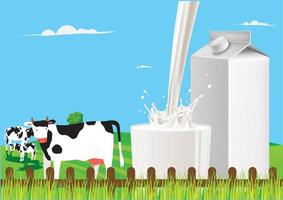 derramando leite no copo no meio da bela paisagem natural dos pastos e vacas leiteiras. vetor de ilustração de desenhos animados de estilo simples