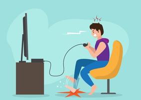 homem jogando videogame sentindo a cabeça quente, irritável e batendo os pés no chão para desabafar emoções. ilustração em vetor de desenho animado estilo simples