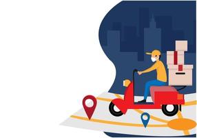 entregador andando de moto enviar pacote de pedido ao cliente em meio urbano. ilustração vetorial. vetor