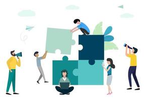 as pessoas conectam elementos de quebra-cabeça de ideia de negócio imagem vetorial de cooperação de trabalho em equipe
