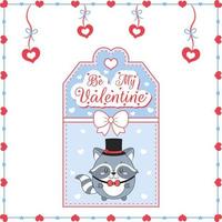 valentine love tag de cartão de guaxinim fofo com texto de feliz dia dos namorados vetor