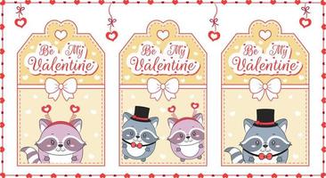 valentine love etiquetas de cartão de guaxinins fofos com texto de feliz dia dos namorados