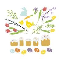ilustração vetorial cenografia elementos coleção de símbolos tradicionais de páscoa - bolo de páscoa e ovo, flores de primavera feliz páscoa cartão em cor pastel vetor