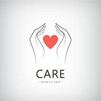 caridade vetorial, médica, cuidados, logotipo de ajuda, ícone com mão de linha segurando coração vermelho. vetor