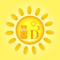 brilhante, laranja cartaz de vetor de vitamina d 3 em um círculo solar.