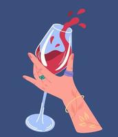 mão segurando uma taça de vinho. aplausos ou torradas. copo com vinho tinto na mão feminina. celebração do sucesso. ideal para impressão de postais e cartazes. ilustração vetorial dos desenhos animados modernos. vetor