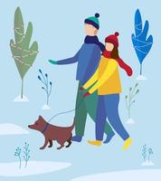 menina e menino passeando com um cachorro em winter park. passeio em família. ilustração plana vetor