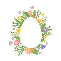 moldura, borda de flores em forma de ovo de páscoa. flores e borboletas brilhantes da primavera. Feliz Páscoa. cartão de felicitações vetor