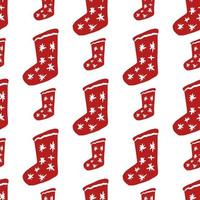 padrão de doodle sem costura simples isolado meias de Natal. impressão têxtil vermelho de ano novo com estrelas em fundo branco. vetor